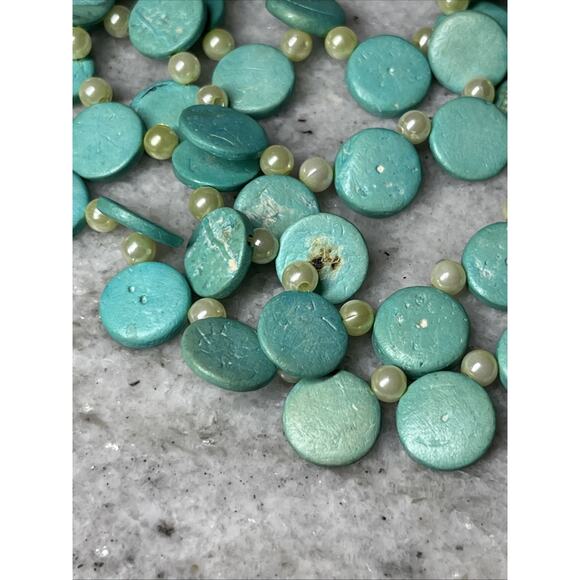 Turquoise Tone Cascade Necklace 4 Strand Layered Discs Beaded Faux Pearl Jewelry - Picture 4 of 8